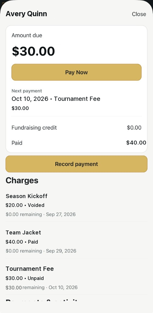 Athlete charges and payments in ACP Teams